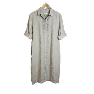 Chico’s Linen Shirt Dress Women Size 3 US XL Midi Dress Beaded Embellishments